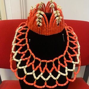 Elegant Coral and Cream Beaded Necklace Set